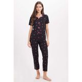 Tudors Kadın Pijama Takımı, Standart Fit, Kısa Kol, Fiyonk Detaylı, Baskılı, Siyah, XL