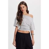 Tudors Kadın Regular Fit Asimetrik Yaka Çizgili Likralı Gri Viskon Crop Bluz, M Beden