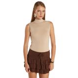 Tudors Kadın Regular Fit Klasik Kesim Viskon Kumaş Balıkçı Yaka Sıfır Kol Bej Bluz - 2XL