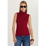 Tudors Kadın Regular Fit Klasik Kesim Viskon Kumaş Balıkçı Yaka Sıfır Kol Bordo Bluz - 2XL