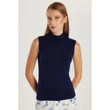 Tudors Kadın Regular Fit Klasik Kesim Viskon Kumaş Balıkçı Yaka Sıfır Kol Lacivert Bluz - 2XL