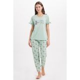 Tudors Kadın Regular Fit Klasik Kesim%100 Pamuk Fırfır Detaylı Kısa Kollu Baskılı Mint Pijama Takımı, XL