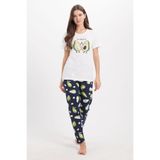 Tudors Kadın Regular Fit Pamuklu Bisiklet Yaka Kısa Kollu Baskılı Beyaz Pijama Takımı, XL