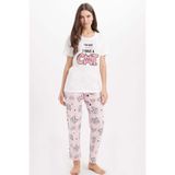 Tudors Kadın Regular Fit Pamuklu Bisiklet Yaka Kısa Kollu Baskılı Pijama Takımı, Beyaz, 2XL