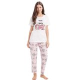 Tudors Kadın Regular Fit Pamuklu Bisiklet Yaka Kısa Kollu Baskılı Pijama Takımı, Beyaz, 2XL