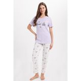 Tudors Kadın Regular Fit Pijama Takımı,%100 Pamuk, Bisiklet Yaka, Kısa Kollu, Baskılı, Lila, XL