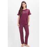 Tudors Kadın Regular Fit Pijama Takımı,%100 Pamuk, Fırfır Detaylı, Kısa Kollu, Baskılı, Mürdüm, XL