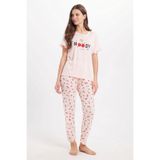 Tudors Kadın Regular Fit Pijama Takımı,%100 Pamuk, Fırfır Detaylı, Kısa Kollu, Baskılı, Pembe, XL