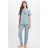 Tudors Kadın Regular Fit Pijama Takımı,%100 Pamuk, Fırfır Detaylı, Kısa Kollu, Baskılı, Su Yeşili, L Beden