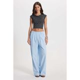 Tudors Kadın Relax Fit Rahat Kesim%100 Pamuk Beli Lastikli Pileli Mavi Keten Pantolon, 2XL