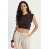 Tudors Kadın Slim Fit Bisiklet Yaka%100 Pamuk Kolsuz Pileli Crop Bluz, Kahverengi, S