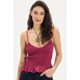 Tudors Kadın Slim Fit Dar Kesim %100 Pamuk Askılı Büzgülü V Yaka Fuşya Bluz