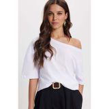 Tudors Kadın Slim Fit Dar Kesim %100 Pamuk Kayık Yaka Kısa Yarasa Kol Beyaz Tişört Bluz