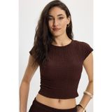 Tudors Kadın Slim Fit Dar Kesim Bisiklet Yaka Kolsuz Dokulu Kahverengi Bürümcük Bluz