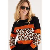 Tudors Kadın Slim Fit Dar Kesim Bisiklet Yaka Leopar Desenli Siyah Kazak - Standart