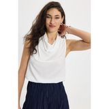 Tudors Kadın Slim Fit Dar Kesim Degaje Yaka Kolsuz Ekru Kruvaze Bluz - 38