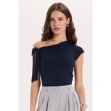Tudors Kadın Slim Fit Dar Kesim Kısa Kollu Kayık Yaka Lacivert Bluz