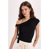 Tudors Kadın Slim Fit Dar Kesim Kısa Kollu Kayık Yaka Siyah Bluz - XL