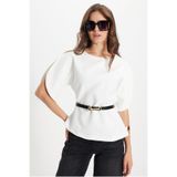 Tudors Kadın Slim Fit Dar Kesim Kısa Yarasa Kol İnce Kemerli Fermuarlı Beyaz Bluz Gömlek