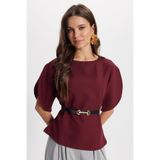 Tudors Kadın Slim Fit Dar Kesim Kısa Yarasa Kol İnce Kemerli Fermuarlı Bordo Bluz Gömlek