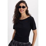 Tudors Kadın Slim Fit Dar Kesim Kısa Yarasa Kol Kayık Yaka Siyah Tişört Bluz