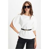 Tudors Kadın Slim Fit Dar Kesim Kol Detaylı İnce Kemerli Fermuarlı Beyaz Bluz