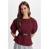 Tudors Kadın Slim Fit Dar Kesim Kol Detaylı İnce Kemerli Fermuarlı Bordo Bluz, S Beden