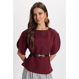 Tudors Kadın Slim Fit Dar Kesim Kol Detaylı İnce Kemerli Fermuarlı Bordo Bluz