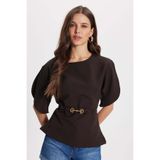 Tudors Kadın Slim Fit Dar Kesim Kol Detaylı İnce Kemerli Fermuarlı Kahverengi Bluz