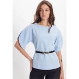 Tudors Kadın Slim Fit Dar Kesim Kol Detaylı İnce Kemerli Fermuarlı Mavi Bluz
