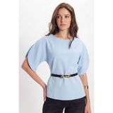 Tudors Kadın Slim Fit Dar Kesim Kol Detaylı İnce Kemerli Mavi Bluz, M Beden