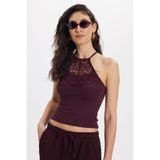 Tudors Kadın Slim Fit Dar Kesim Kolsuz Bisiklet Yaka Dantelli Mürdüm Bluz, L Beden