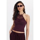 Tudors Kadın Slim Fit Dar Kesim Kolsuz Bİsiklet Yaka Dantelli Sırt Detaylı Mürdüm Bluz