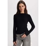 Tudors Kadın Slim Fit Dar Kesim Pamuklu Bisiklet Yaka Uzun Kollu Siyah Bluz