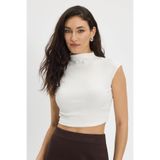 Tudors Kadın Slim Fit Dar Kesim Pamuklu Dik Yaka Sıfır Kol Ekru Crop Bluz