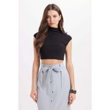Tudors Kadın Slim Fit Dar Kesim Pamuklu Dik Yaka Sıfır Kol Siyah Crop Bluz