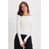Tudors Kadın Slim Fit Dar Kesim Pamuklu Kayık Yaka Uzun Kollu Beyaz Bluz, M Beden