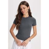 Tudors Kadın Slim Fit Dar Kesim Pamuklu Kısa Kollu Bisiklet Yaka Gri Tişört Bluz