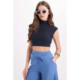 Tudors Kadın Slim Fit Dar Kesim Pamuklu Likralı Dik Yaka Sıfır Kol Crop Bluz, Lacivert, XL