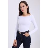 Tudors Kadın Slim Fit Dar Kesim Pamuklu Modal Kumaş Uzun Kollu Kayık Yaka Beyaz Bluz