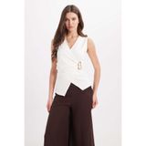 Tudors Kadın Slim Fit Dar Kesim Pamuklu Sıfır Kol Kruvaze Yaka Büzgülü Ekru Bluz, L Beden