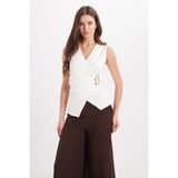 Tudors Kadın Slim Fit Dar Kesim Pamuklu Sıfır Kol Kruvaze Yaka Büzgülü Ekru Bluz