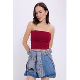 Tudors Kadın Slim Fit Dar Kesim Pamuklu Straplez Bordo Bluz