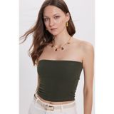 Tudors Kadın Slim Fit Dar Kesim Pamuklu Straplez Haki Bluz