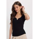 Tudors Kadın Slim Fit Dar Kesim Pamuklu V Yaka Kısa Kollu Siyah Bluz