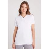Tudors Kadın Slim Fit Dar Kesim Pamuklu Yumuşak Dokulu Likralı Düz Basic Beyaz V Yaka Tişört Bluz