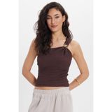 Tudors Kadın Slim Fit Dar Kesim Tek Omuz Tek Kol Doku Desenli Kahverengi Bluz, S Beden