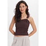 Tudors Kadın Slim Fit Dar Kesim Tek Omuz Tek Kol Doku Desenli Kahverengi Bluz