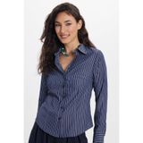 Tudors Kadın Slim Fit Dar Kesim Uzun Kollu Çizgili Lacivert Gömlek, 2XL