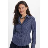 Tudors Kadın Slim Fit Dar Kesim Uzun Kollu Çizgili Lacivert Gömlek - XL